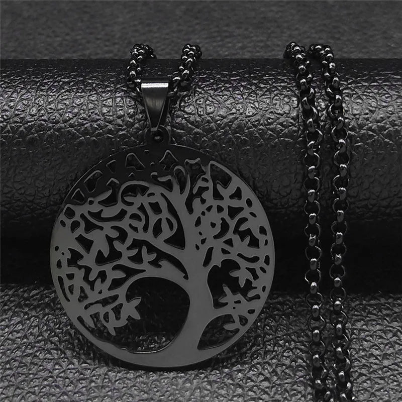 Collier Arbre de Vie Noir en Acier Inoxydable