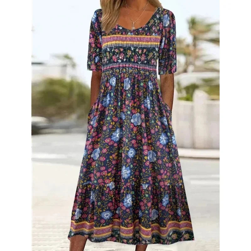 Bohème Élégance: Robe Longue d'Été à Manches Courtes