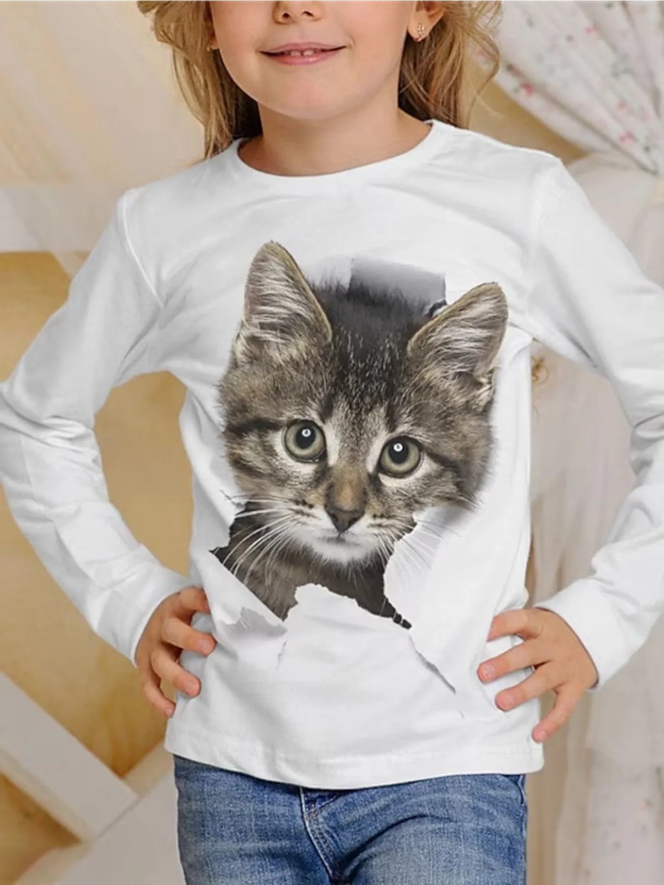 Chaton Chic: T-shirt Long pour Filles, Été Joyeux