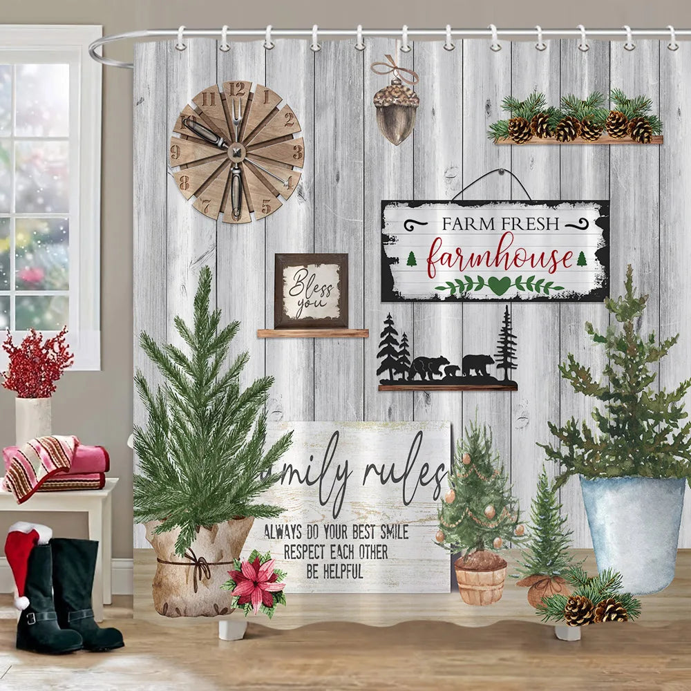 Rideau de Douche Hiver: Camion Rouge & Bonhomme de Neige