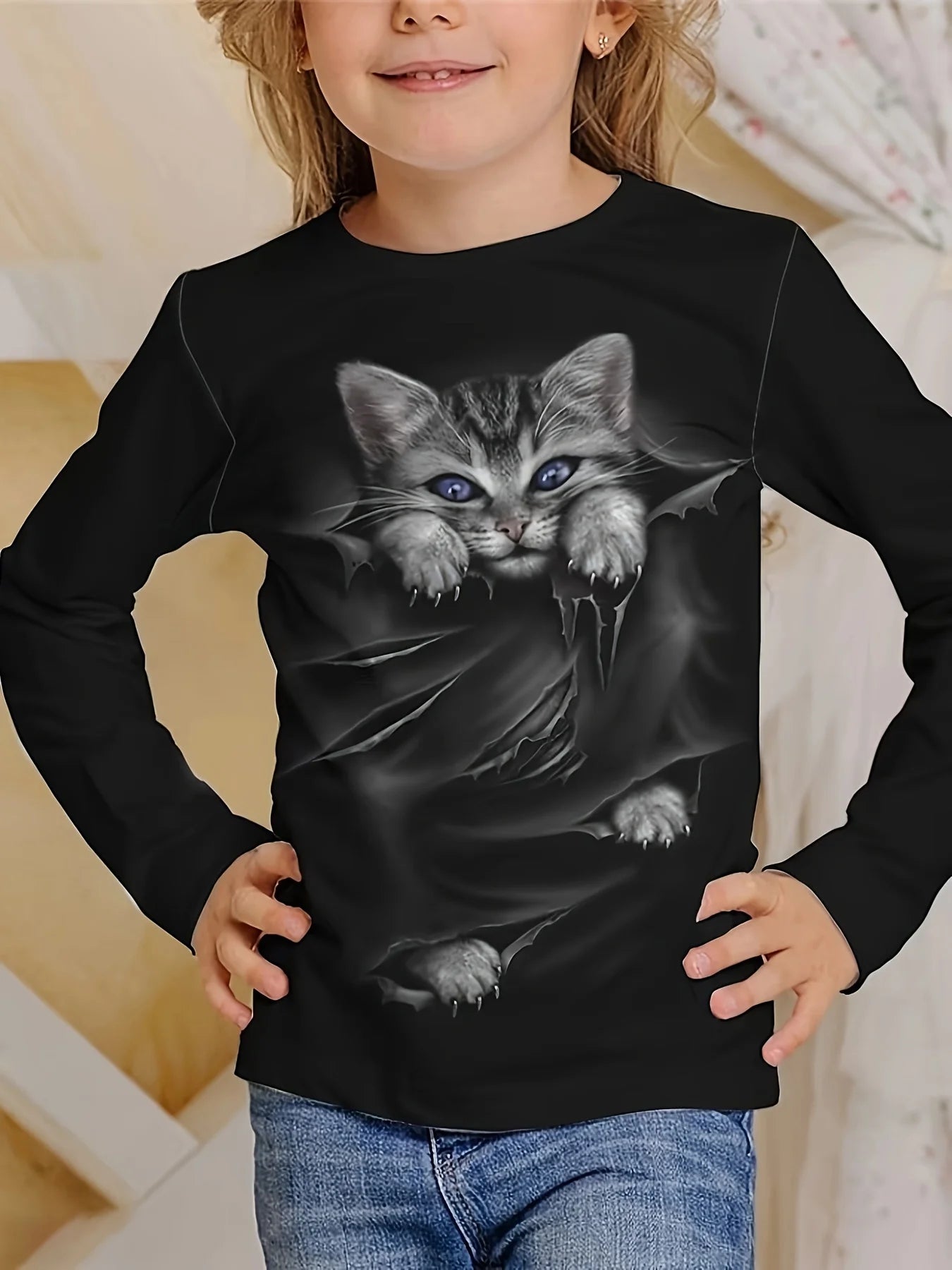 Chaton Chic: T-shirt Long pour Filles, Été Joyeux