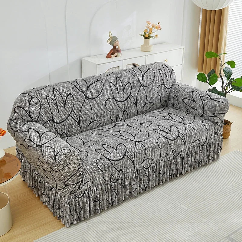 Floral Stretch Sofa Cover with Skirt - 1 Piece