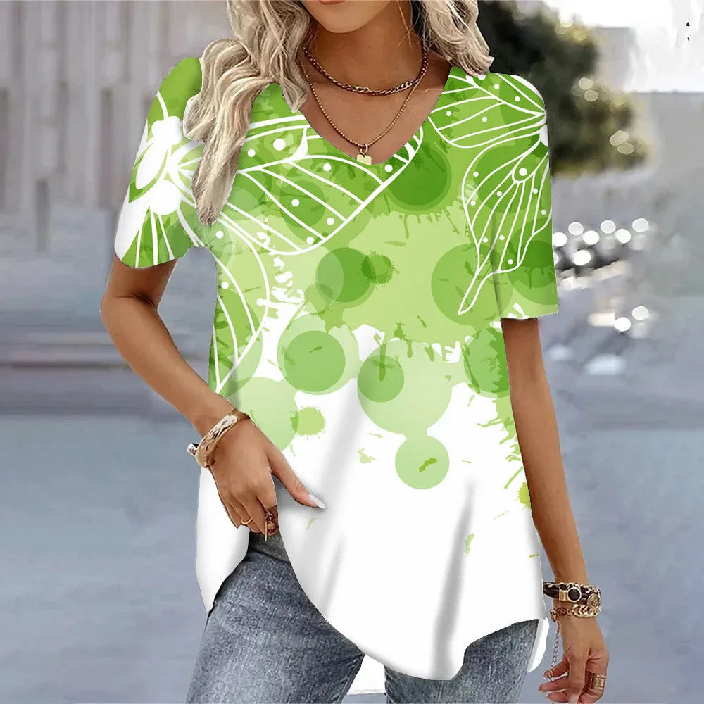 T-shirt Floral Été Femme V-Neck 3D
