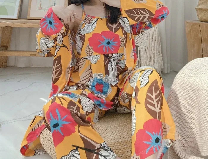 Pyjama Floral Élégant 3 Pièces Femme