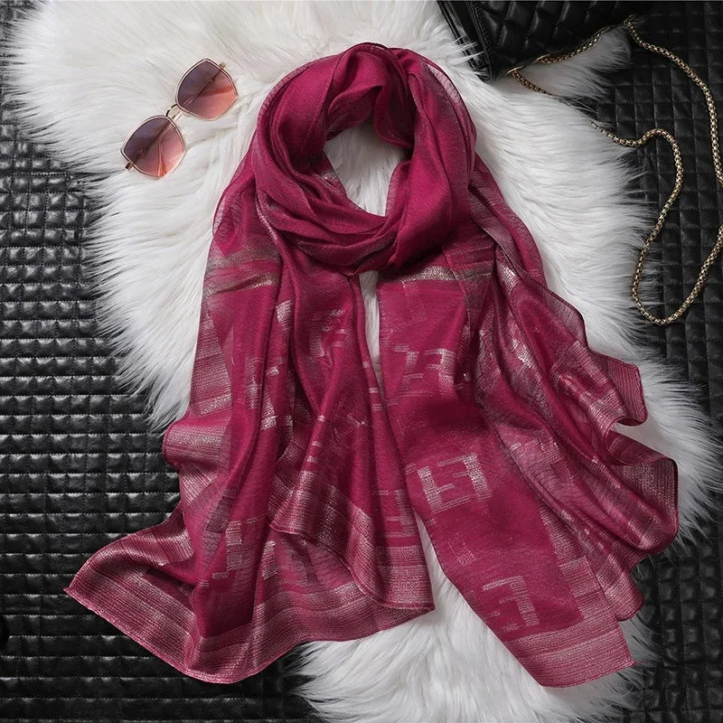 Écharpe en soie coréenne rayée dorée chic et polyvalente