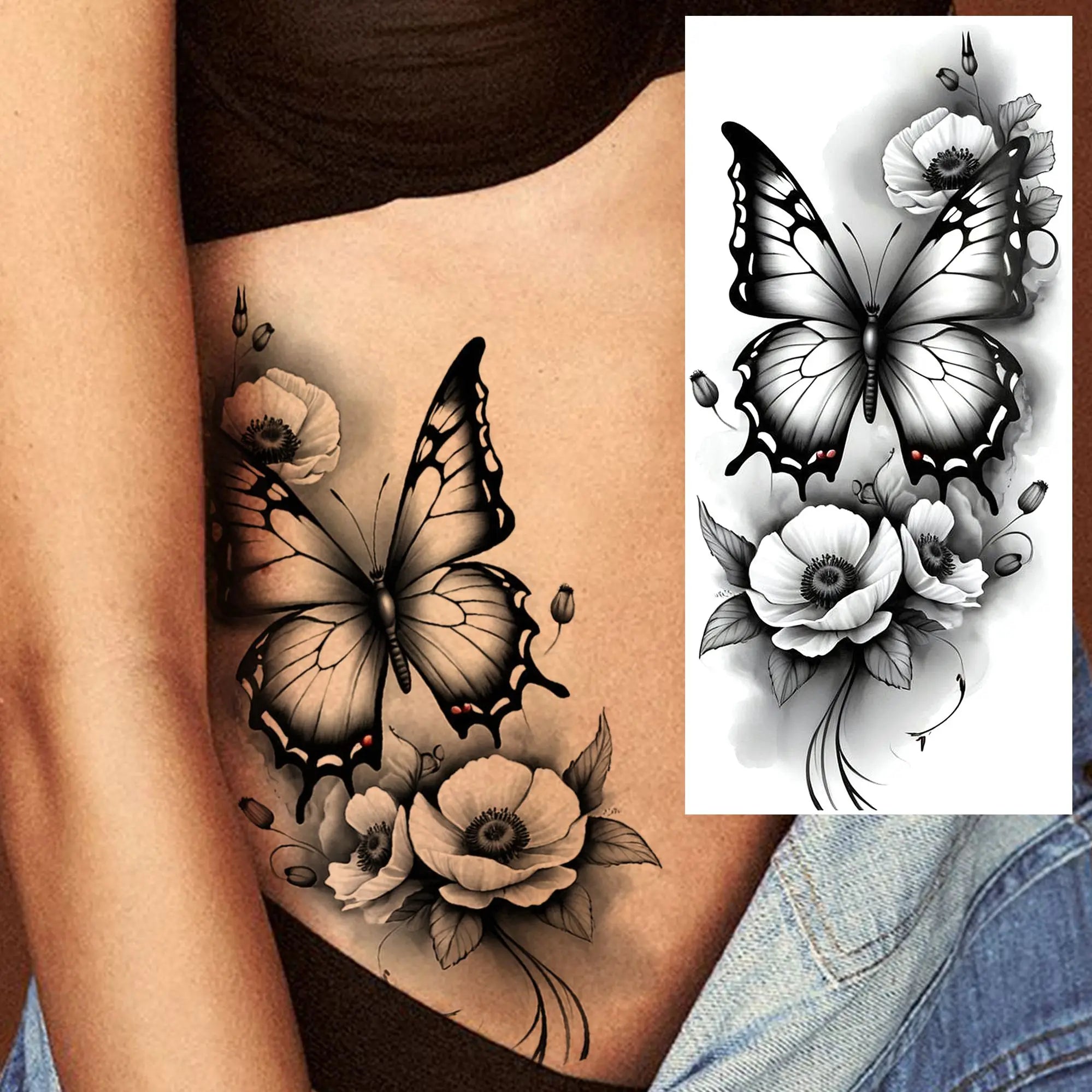 Tatouage Aquarelle Fleurs & Papillons - Femme Élégante