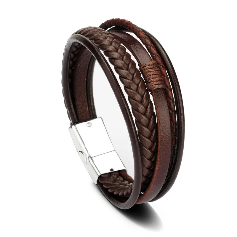 Bracelet Cuir Multi-Couches Homme en Acier Inoxydable
