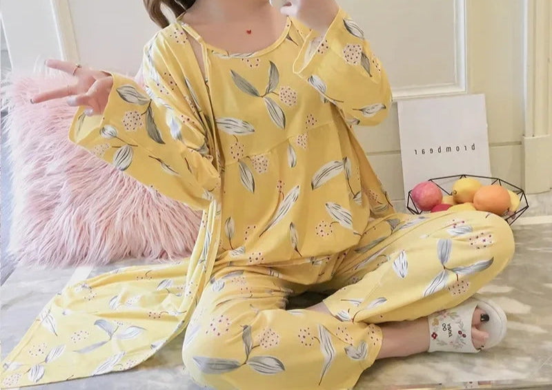 Pyjama Floral Élégant 3 Pièces Femme