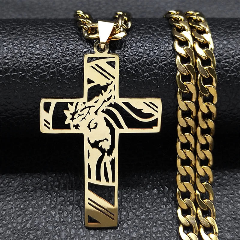 Gold-Plated Jesus Cross Thorn Crown Necklace N8052