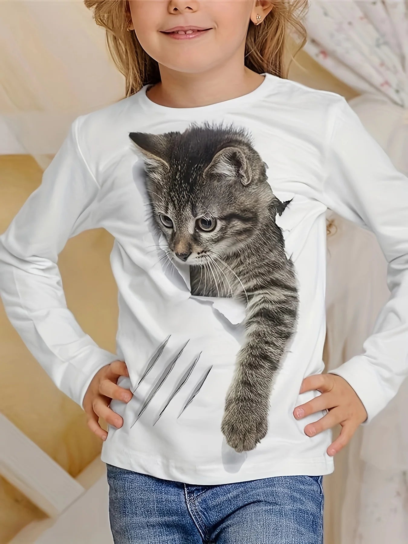 Chaton Chic: T-shirt Long pour Filles, Été Joyeux