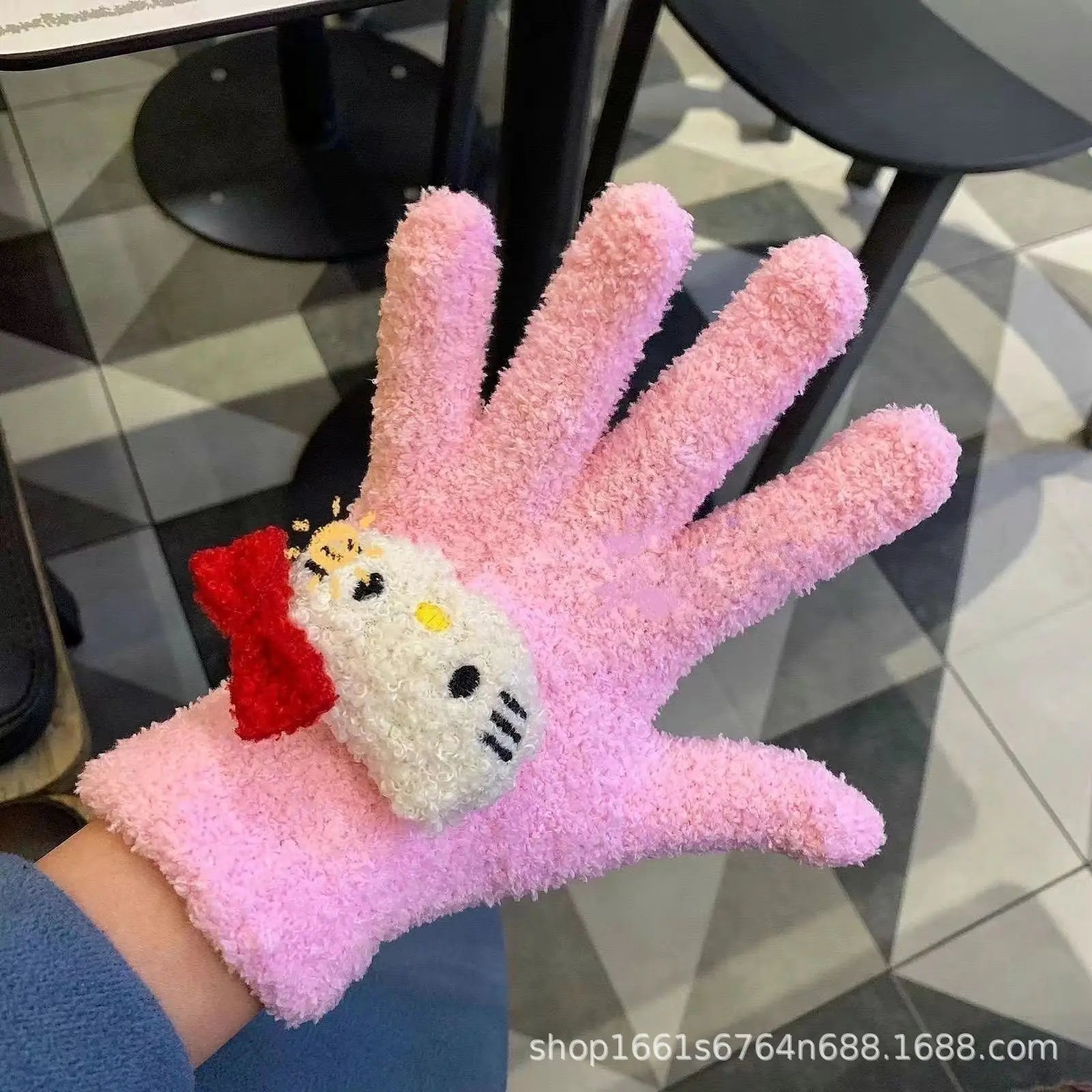 Gants en peluche Hello Kitty corail mignon et chaud
