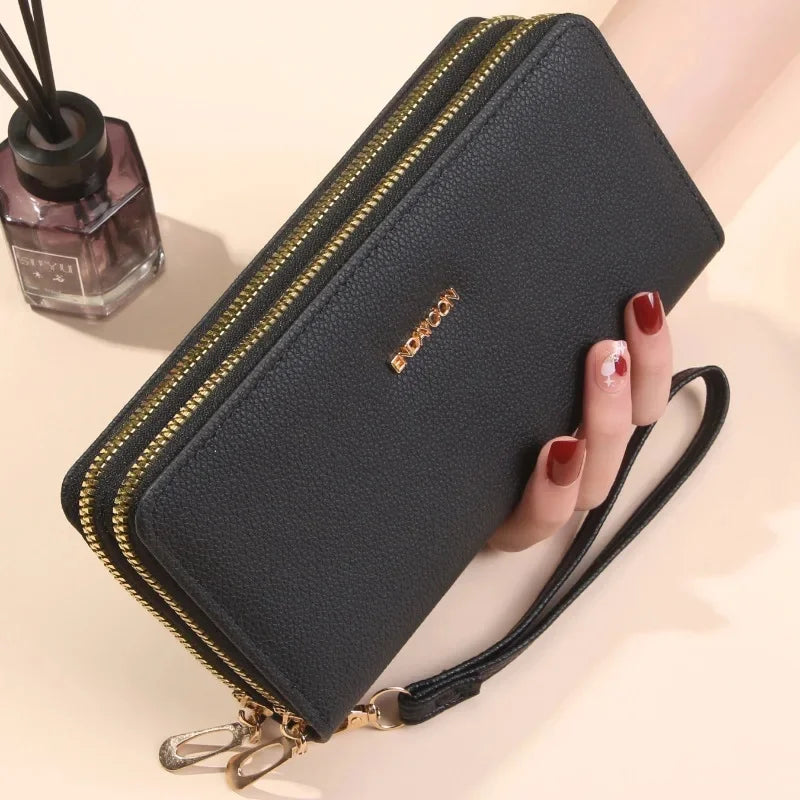 Portefeuille Élégant Litchi à Double Zip pour Femmes