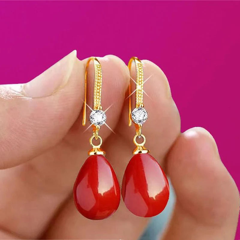 Trendy Pearl Drop Earrings - Red & Green Glam