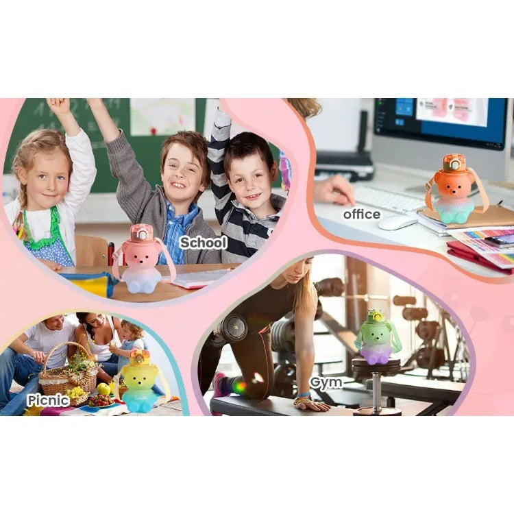 Kawaii Bear Straw Water Bottle 700ml for Kids