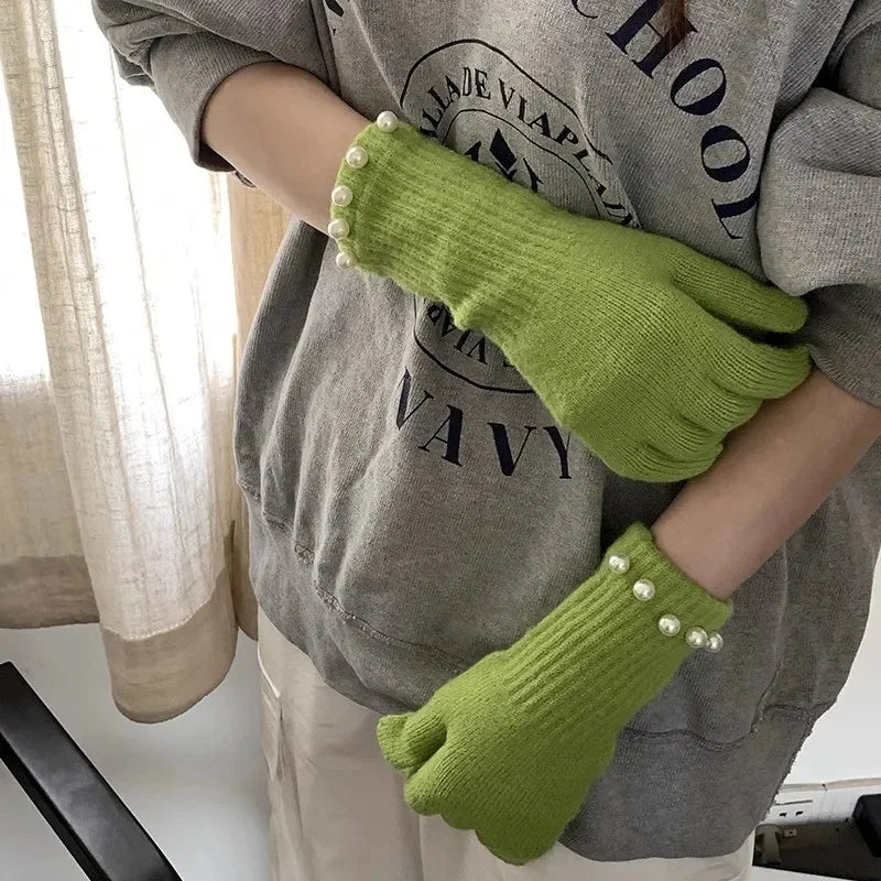 Gants Femme en Laine Éléguants avec Strass Blancs