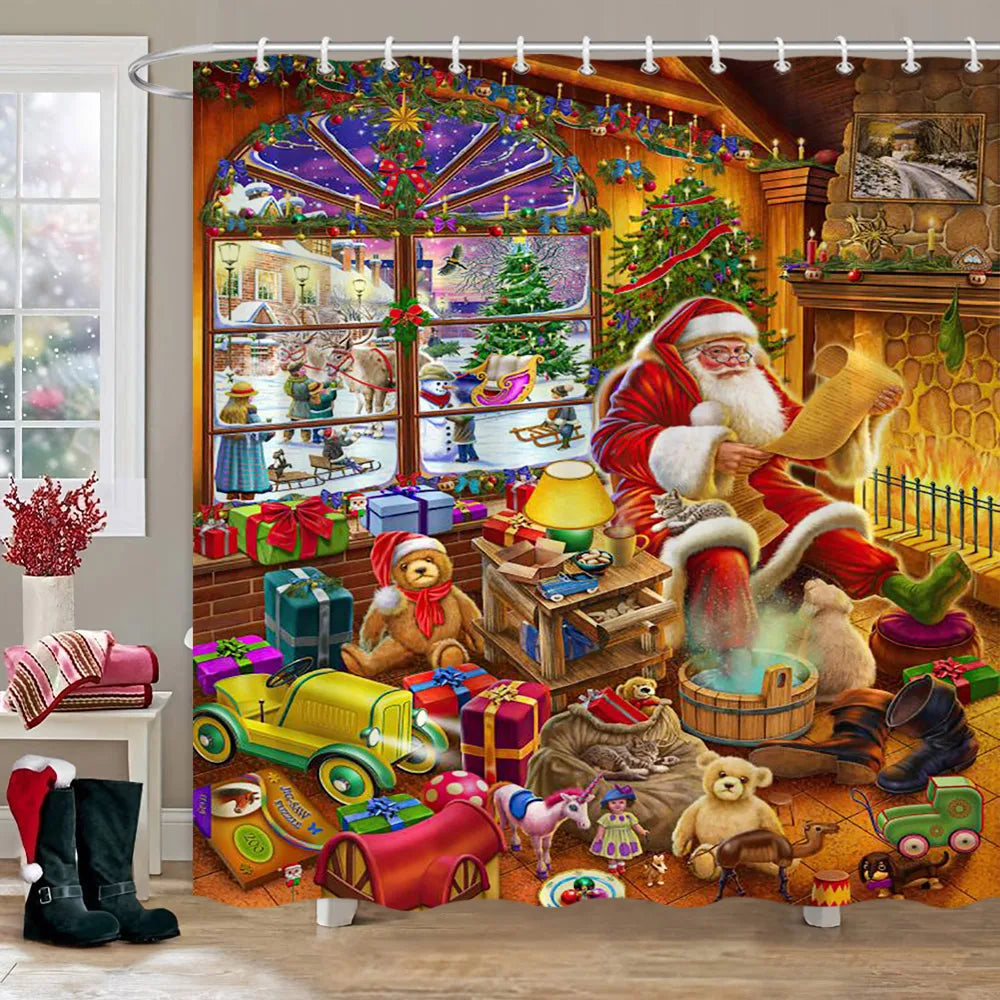 Rideau Douche Hiver: Camion Rouge & Bonhomme de Neige