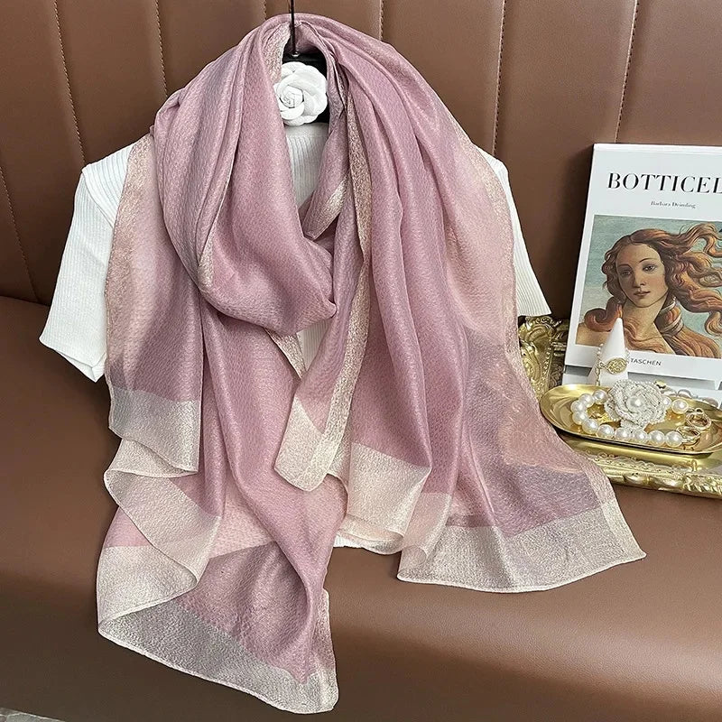 Écharpe en soie coréenne rayée dorée chic et polyvalente