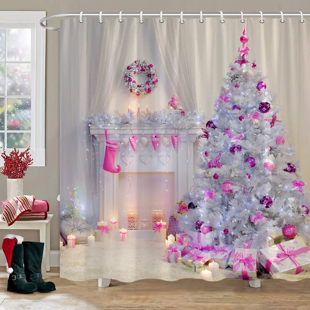 Rideau de Douche Noël Rouge Ferme Neige Bonhomme