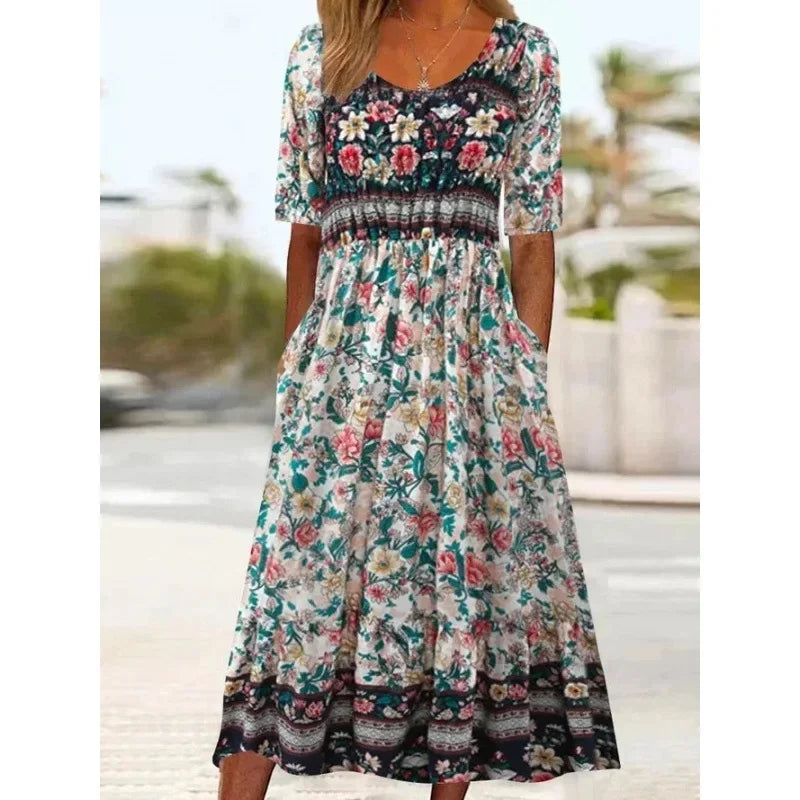 Bohème Élégance: Robe Longue d'Été à Manches Courtes