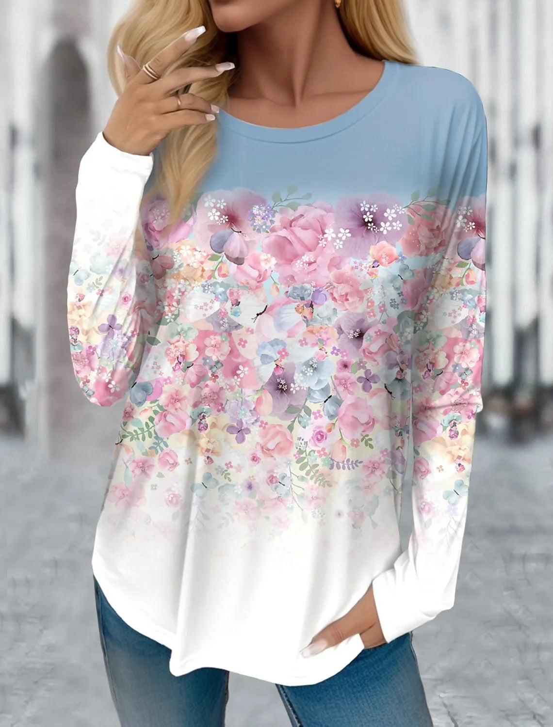 T-shirt Fleurs Casual Femme Manches Longues Y2K