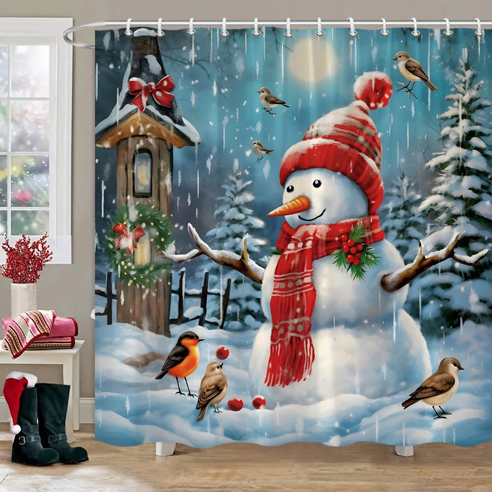 Rideau Douche Hiver: Camion Rouge & Bonhomme de Neige