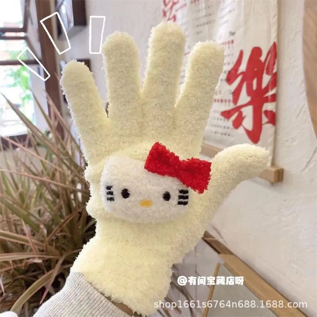 Gants en peluche Hello Kitty corail mignon et chaud