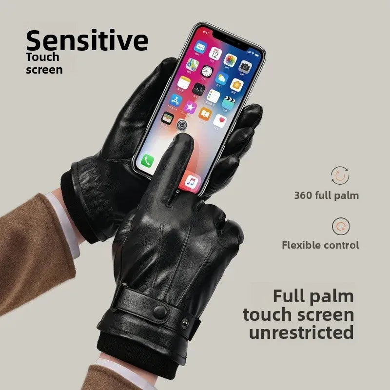 Gants en cuir polaire tactiles pour moto - Hiver chaud