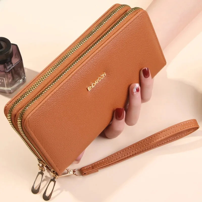 Portefeuille Élégant Litchi à Double Zip pour Femmes