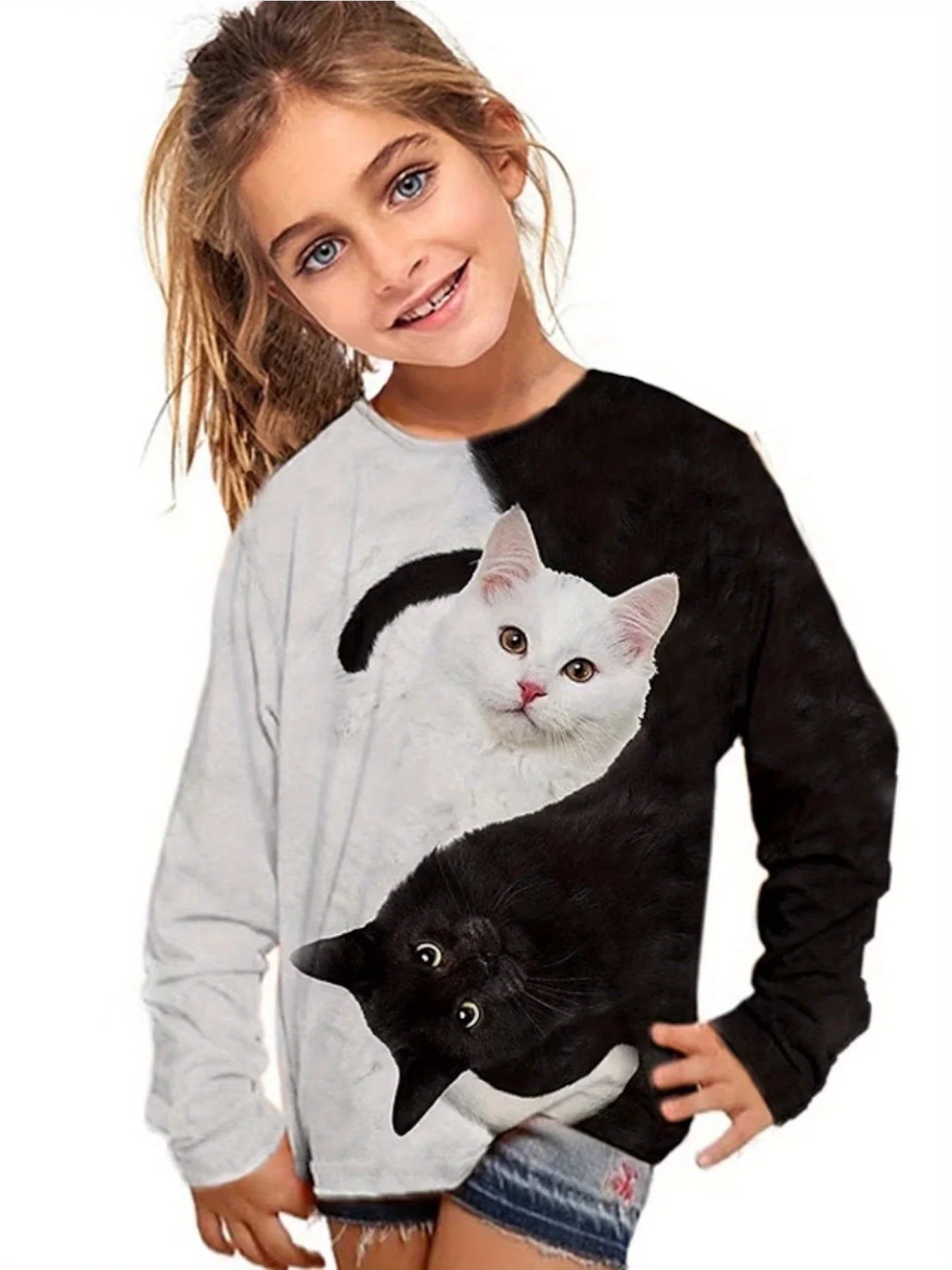 Chaton Chic: T-shirt Long pour Filles, Été Joyeux