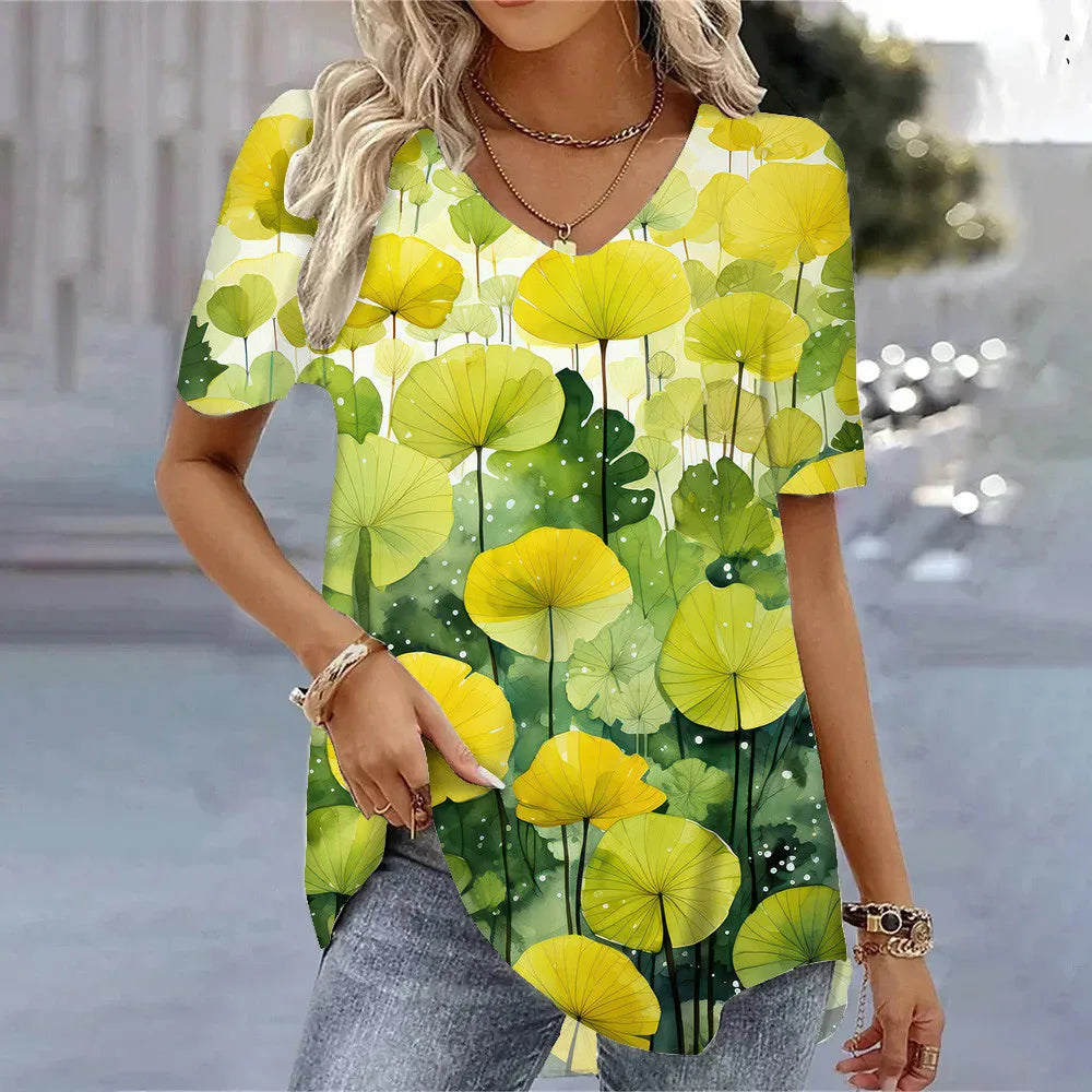 T-shirt Floral Été Femme V-Neck 3D