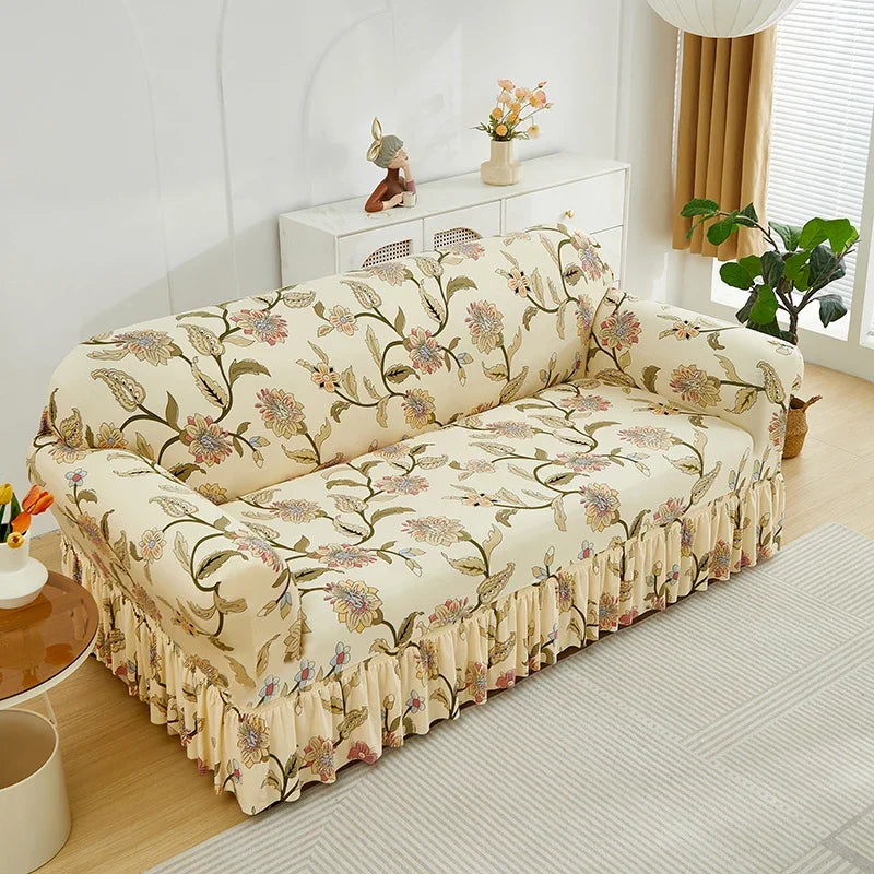 Floral Stretch Sofa Cover with Skirt - 1 Piece