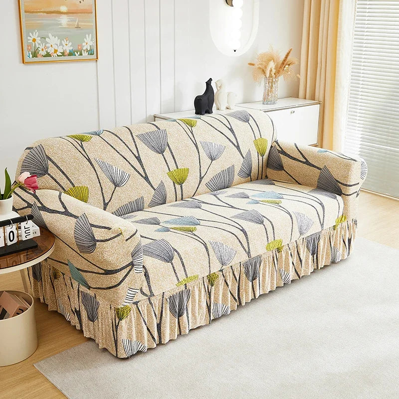 Floral Stretch Sofa Cover with Skirt - 1 Piece