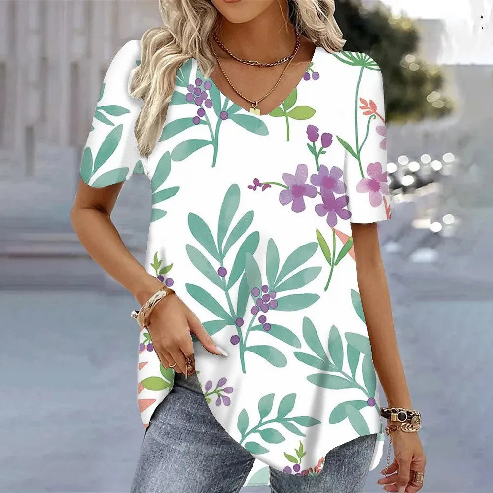 T-shirt Floral Été Femme V-Neck 3D