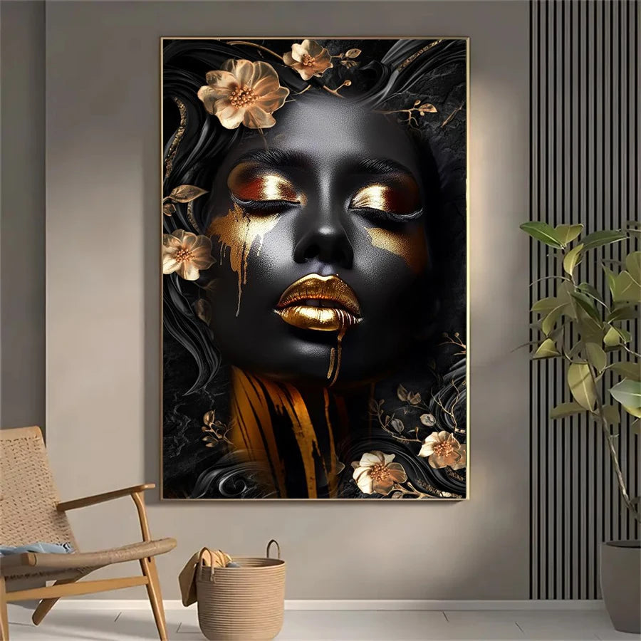 Éclat Doré: Toile Abstraite Femme Fleur Sans Cadre
