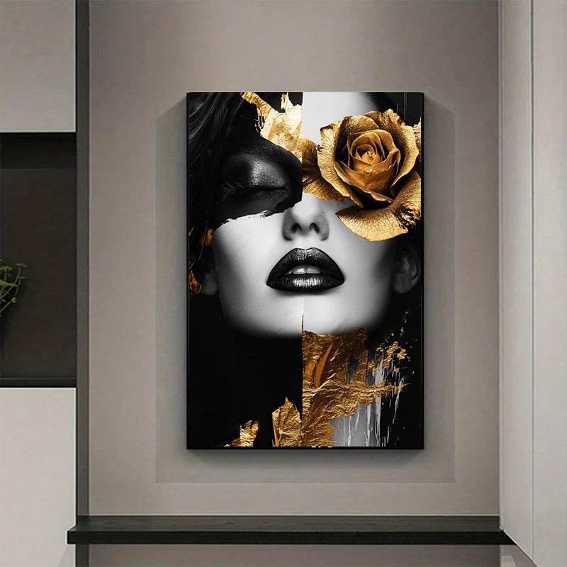 Éclat Doré: Toile Abstraite Femme Fleur Sans Cadre