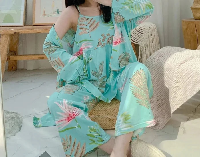 Pyjama Floral Élégant 3 Pièces Femme
