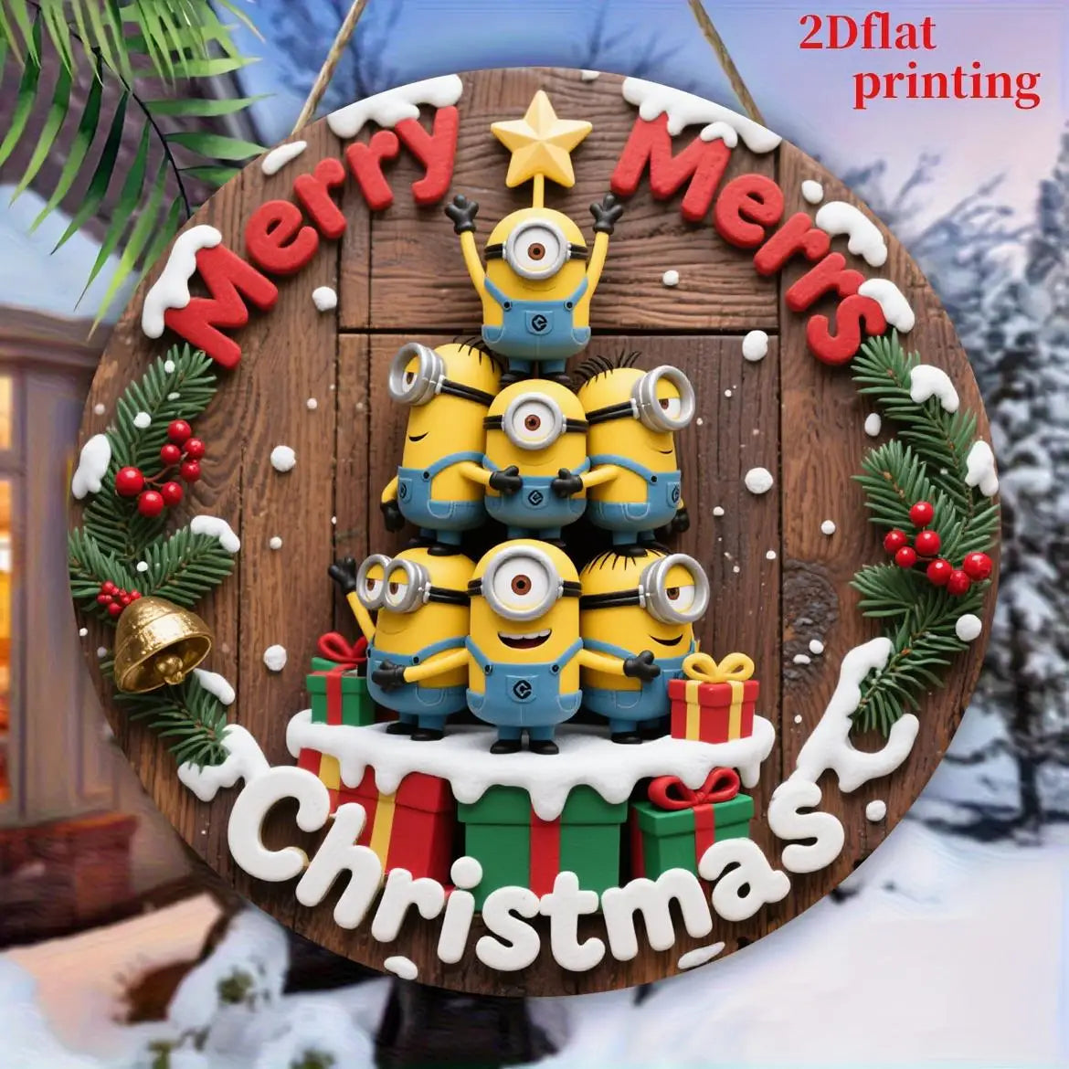 Panneau Noël Minions en bois pour déco festive