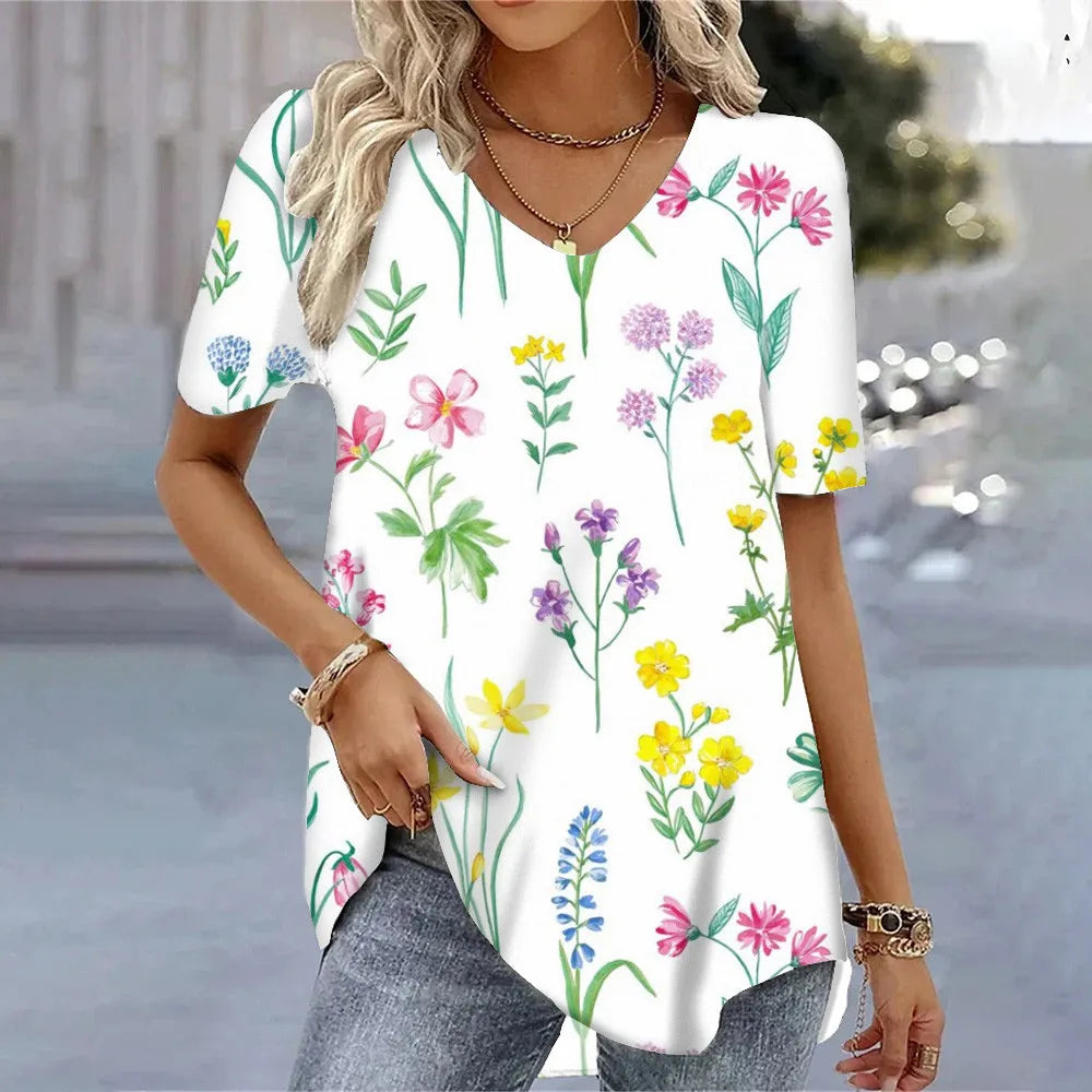T-shirt Floral Été Femme V-Neck 3D