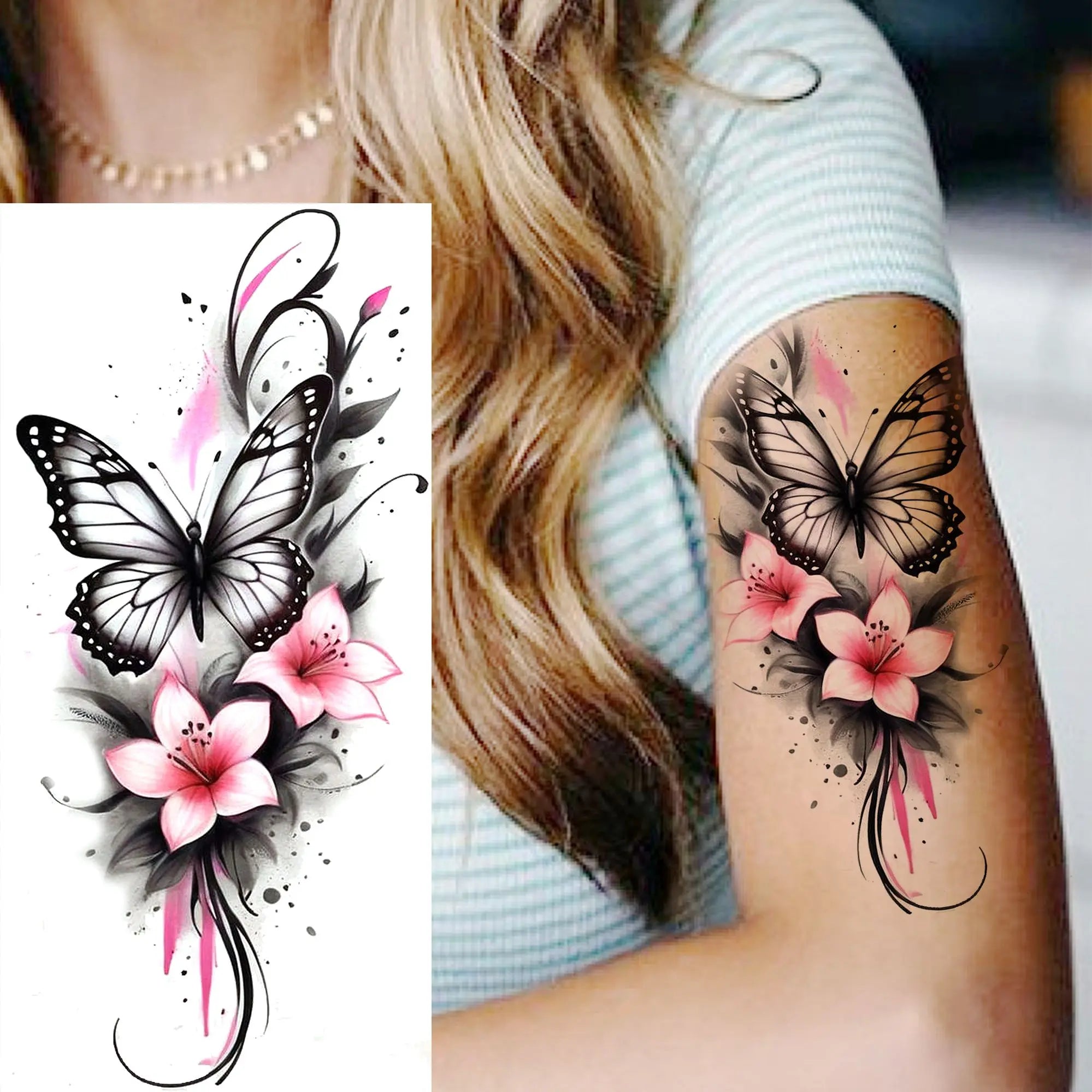 Tatouage Aquarelle Fleurs & Papillons - Femme Élégante