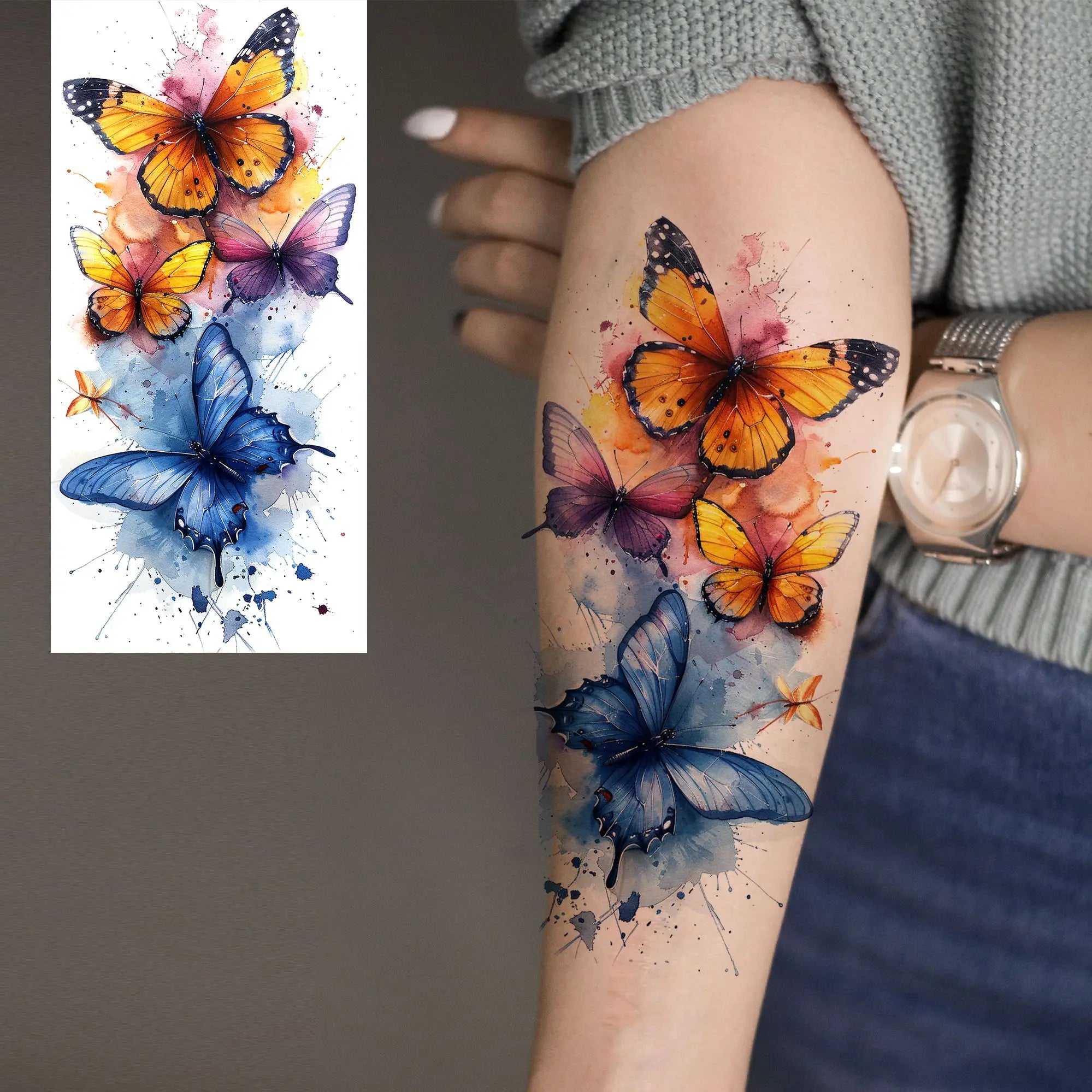 Tatouage Aquarelle Fleurs & Papillons - Femme Élégante