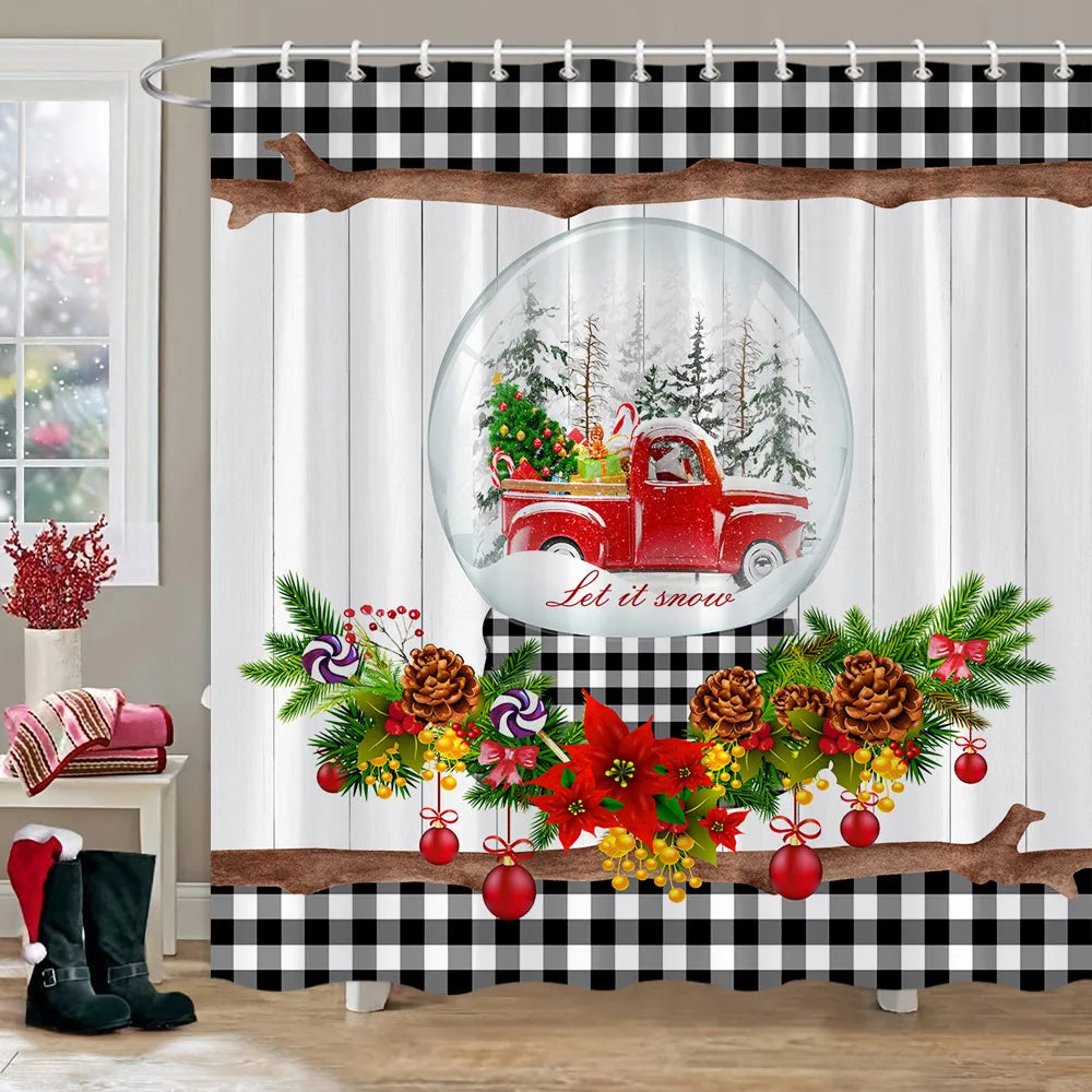 Rideau de Douche Hiver: Camion Rouge & Bonhomme de Neige