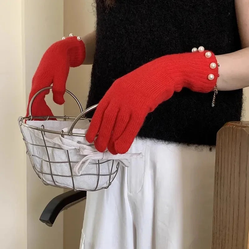 Gants Femme en Laine Éléguants avec Strass Blancs