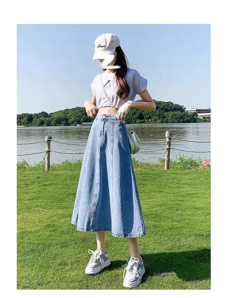 Jupe Midi Denim Élégante Taille Haute Femme