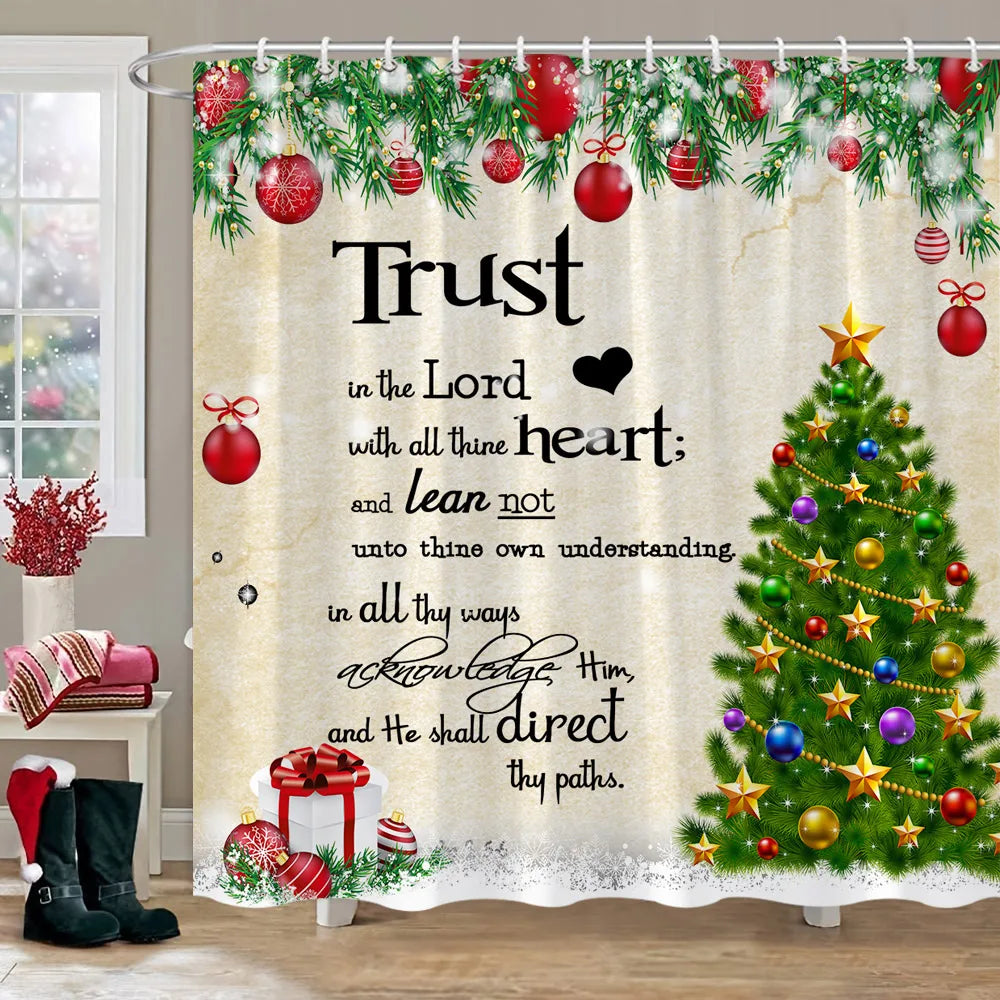 Rideau de Douche Hiver: Camion Rouge & Bonhomme de Neige