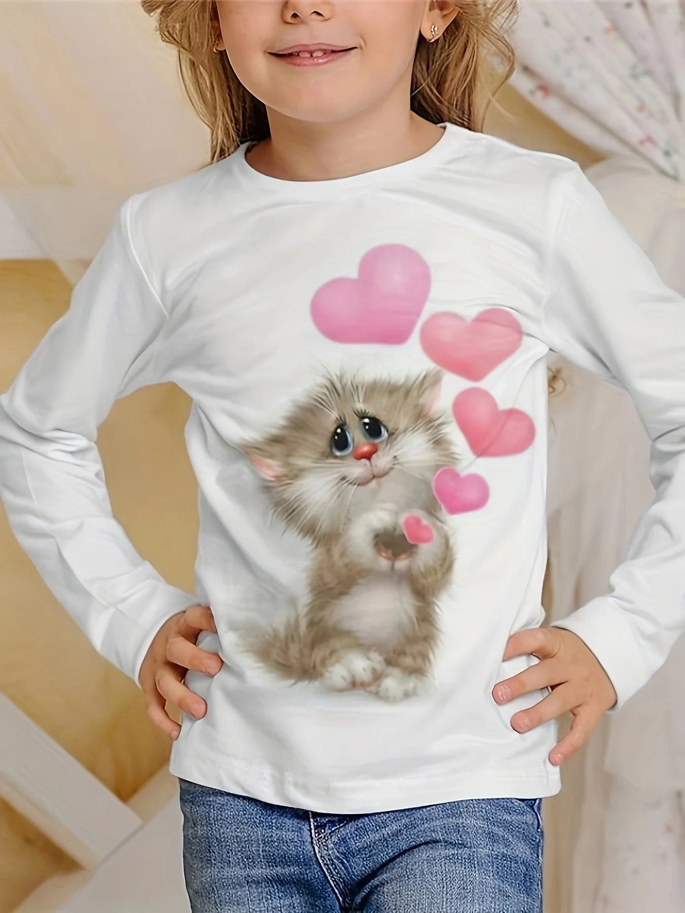 Chaton Chic: T-shirt Long pour Filles, Été Joyeux
