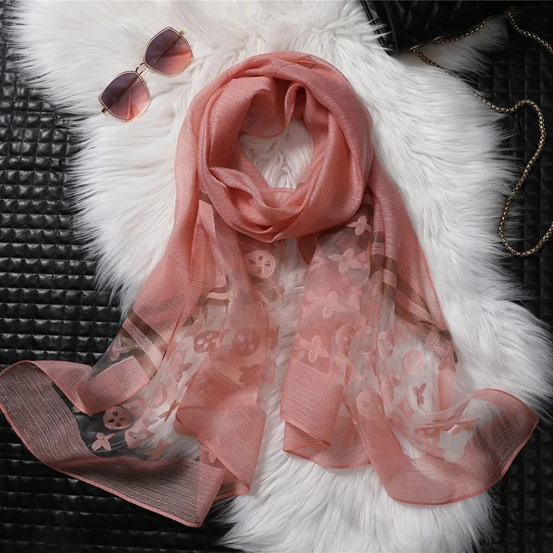 Écharpe en soie coréenne rayée dorée chic et polyvalente