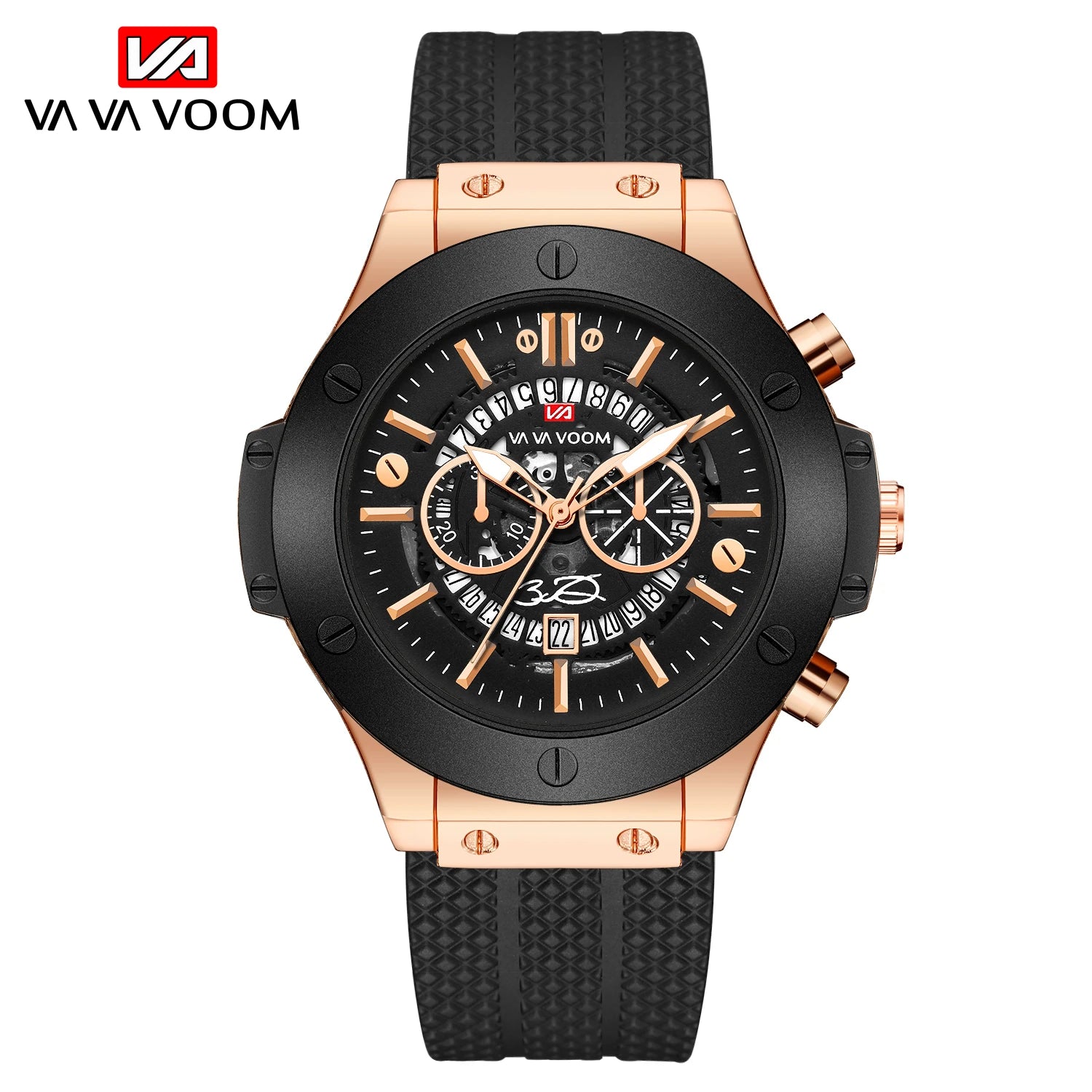 Montre Sport Militaire Silicone Noir 46mm Or Rose