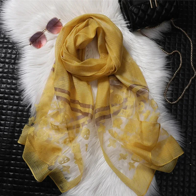 Écharpe en soie coréenne rayée dorée chic et polyvalente