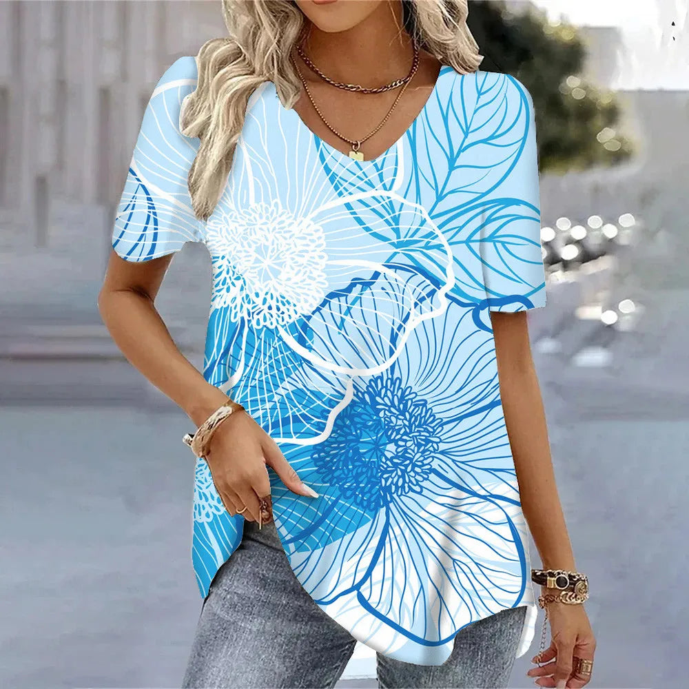 T-shirt Floral Été Femme V-Neck 3D