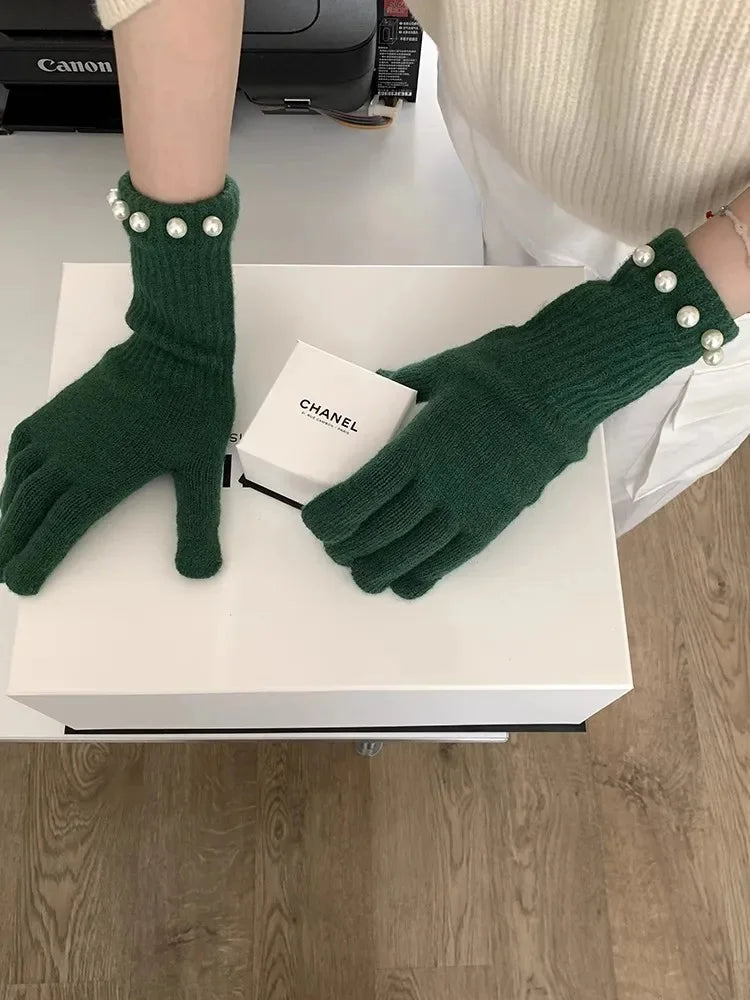 Gants Femme en Laine Éléguants avec Strass Blancs